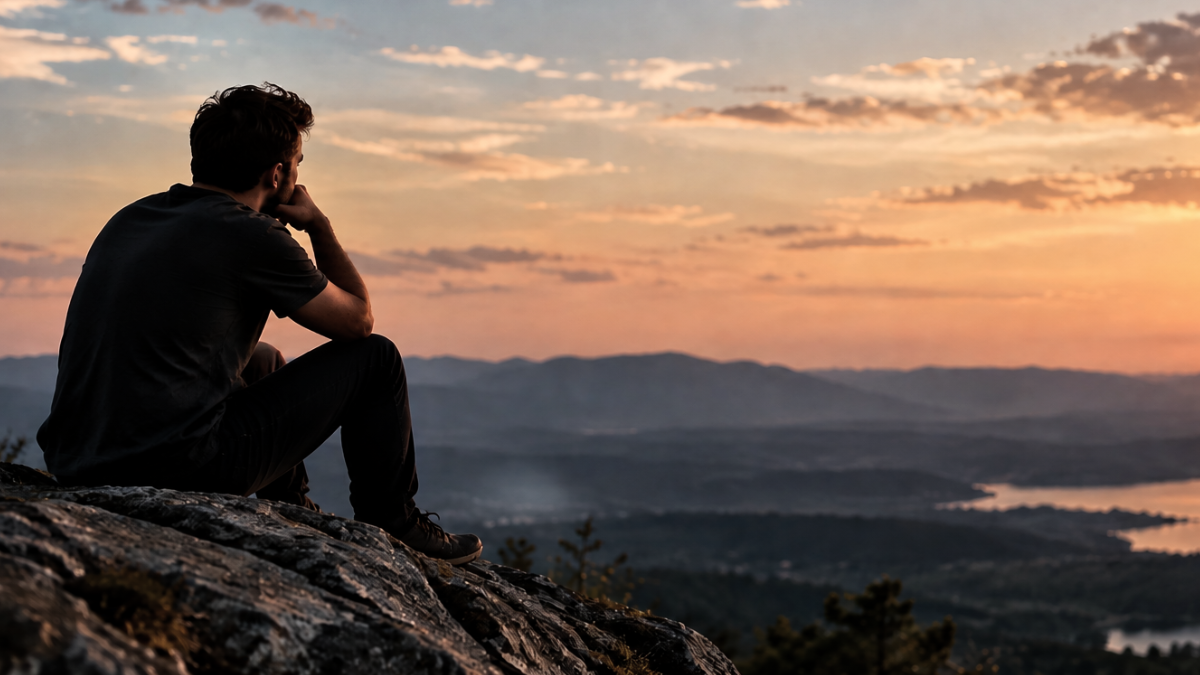 Man sitting on a rock at sunset overlooking mountains and a lake, reflecting on mental health in 2026
